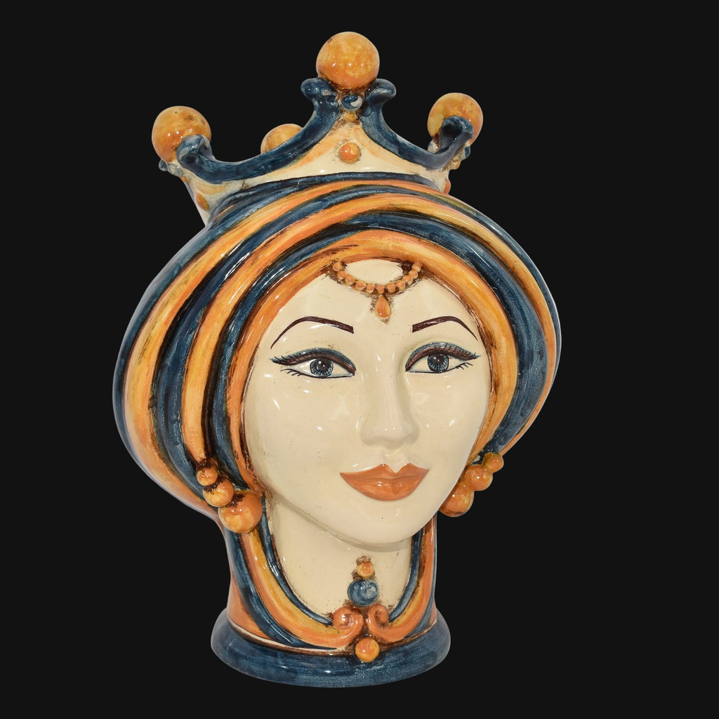 Handmade Teste di Moro ceramic vase with crown, blue and orange glaze, traditional Sicilian design
