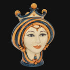 Handmade Teste di Moro ceramic vase with crown, blue and orange glaze, traditional Sicilian design