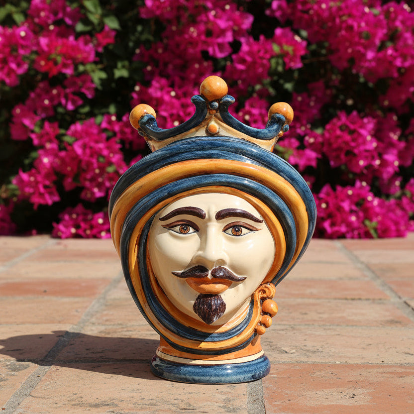 Handcrafted Teste di Moro ceramic head with crown, vibrant blue and gold, set against pink flowers