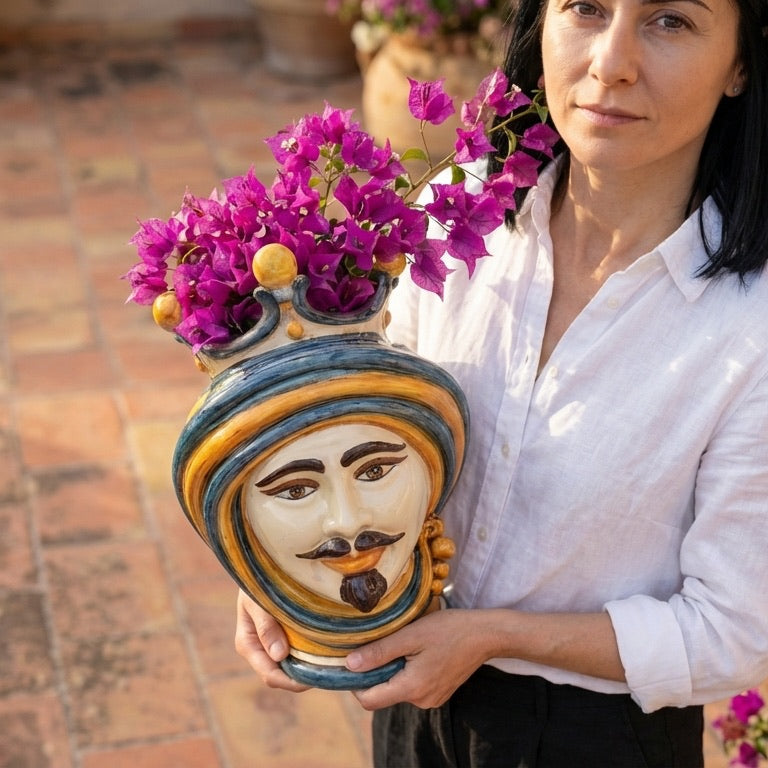 Handmade Teste di Moro vase with vibrant purple flowers, showcasing traditional Sicilian ceramic artistry.