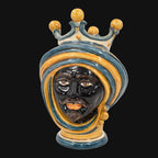 Handmade Testa di Moro ceramic vase with crown, blue and yellow stripes, traditional Sicilian decor