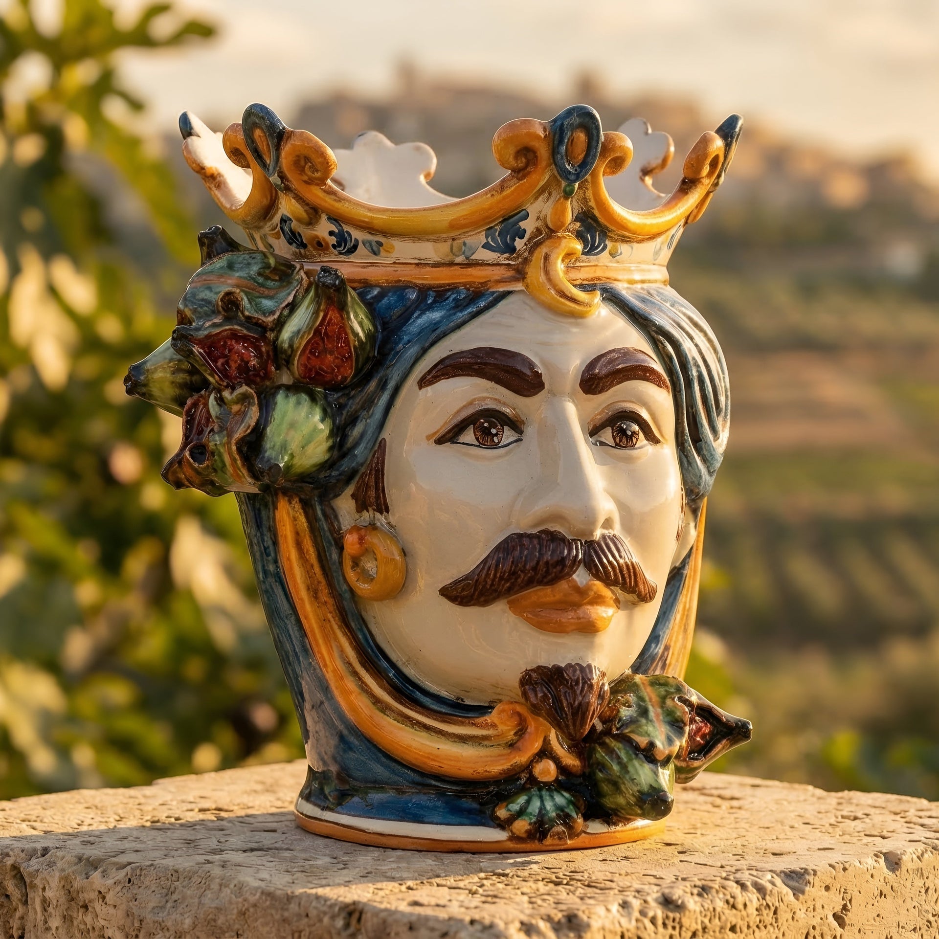 Handcrafted Teste di Moro ceramic vase with crown, figs, and mustache, blending tradition and modern design