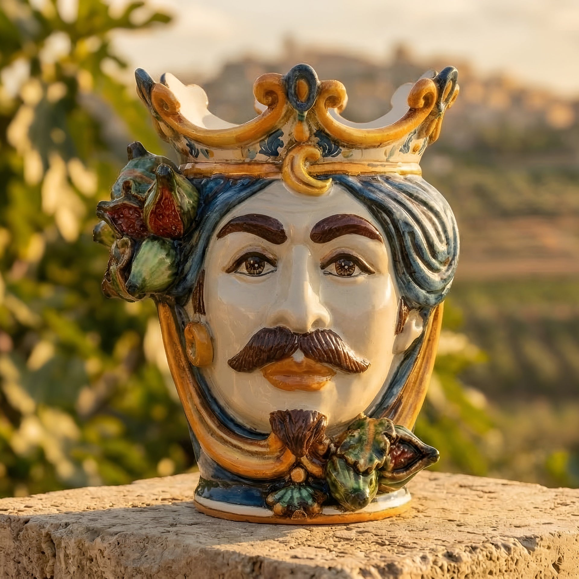 Handmade Sicilian Testa di Moro ceramic vase with crown, figs, and mustache, outdoor sunset setting