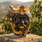 Handmade Testa di Moro ceramic vase with crown, figs, and vibrant colors, perfect Sicilian decor