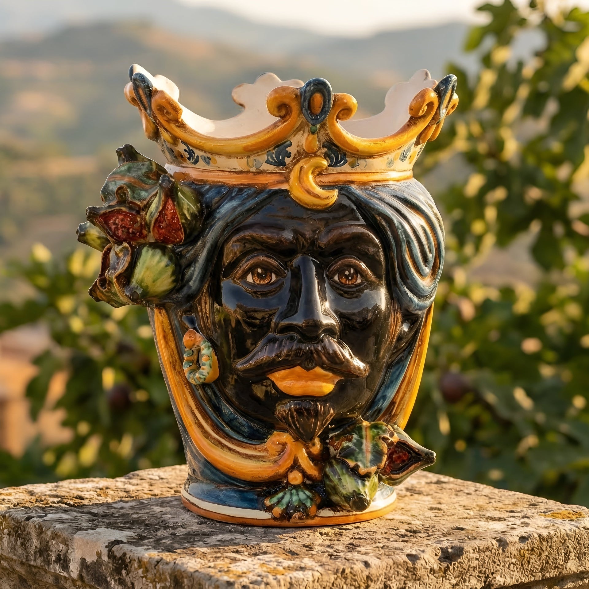 Handmade Testa di Moro ceramic vase with crown, figs, and vibrant colors, perfect Sicilian decor