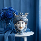 Handcrafted Teste di Moro vase with crown, blue floral decor, modern traditional design