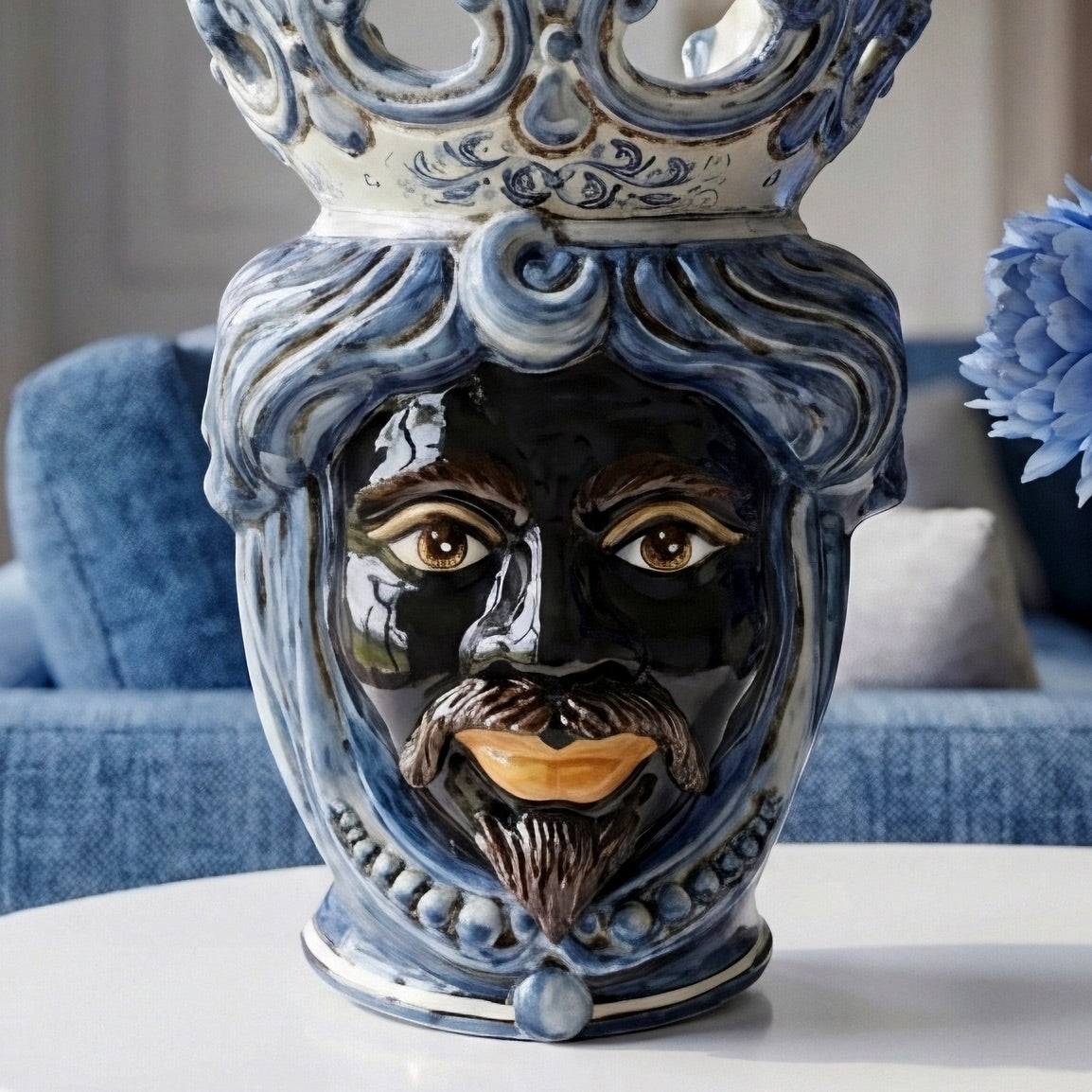 Moro Head with Beads h 40 cm — Male Moro, Blue Mono