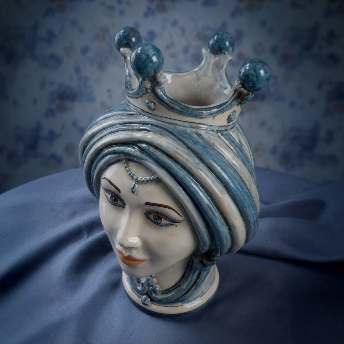 Handmade Teste di Moro ceramic vase with blue turban and crown, traditional Sicilian art decor