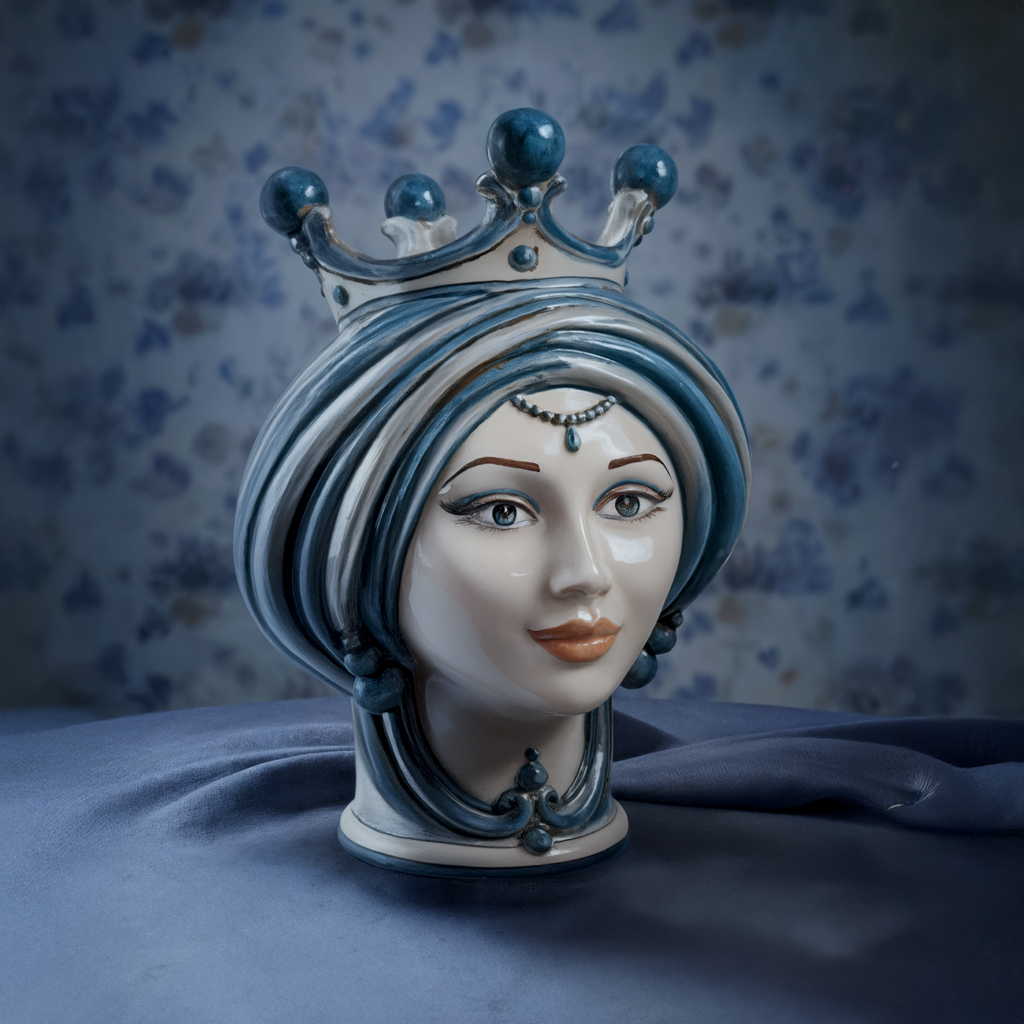 Handmade ceramic Testa di Moro with blue crown and turban, traditional Sicilian decor piece