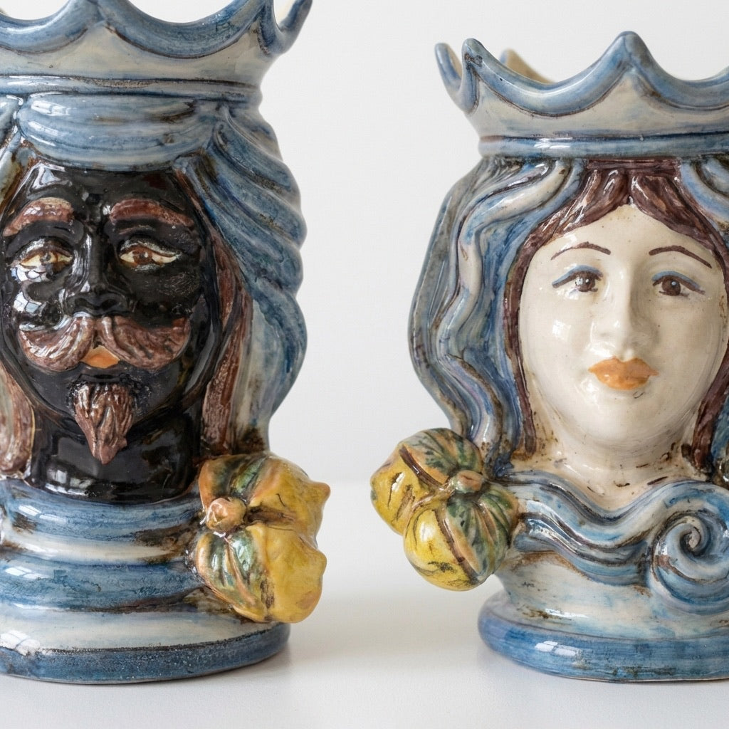 Handmade Teste di Moro ceramic vases with crowned male and female faces, blue glaze, fruit accents