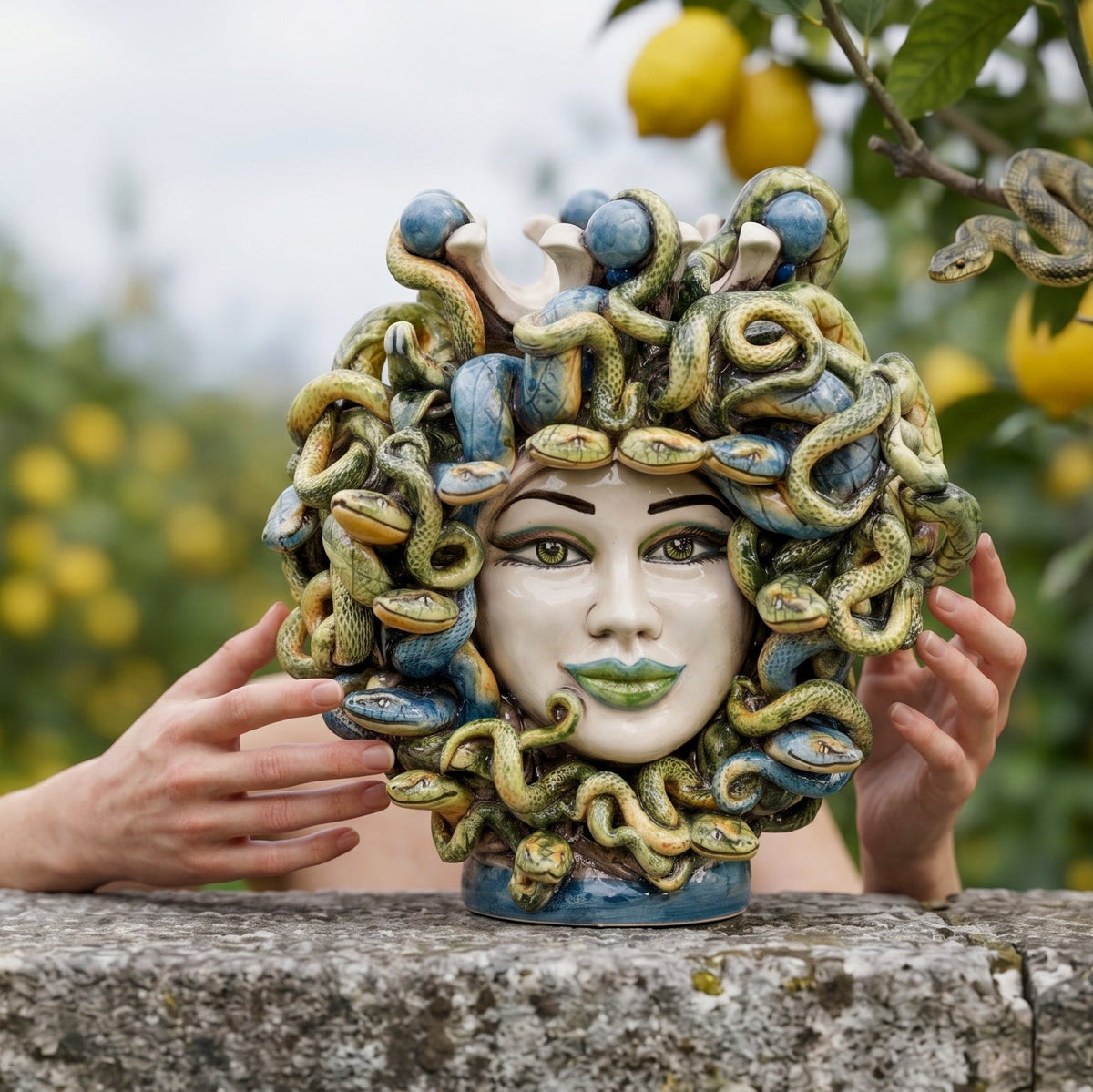 Testa Medusa h 25 cm  - con Perline Blu e Labbra verdi - Madreperla colorato | Ceramica Caltagirone