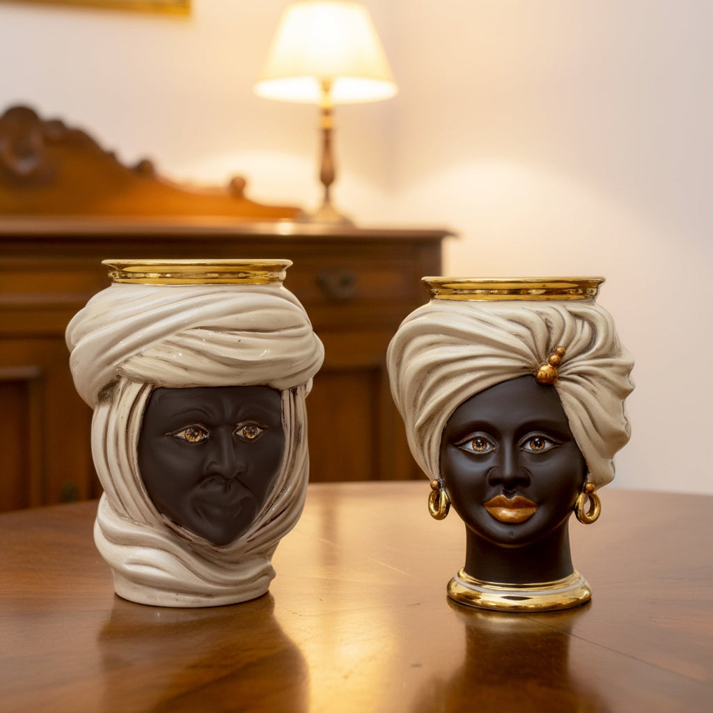 Handmade Teste di Moro ceramic vases with gold accents, traditional Sicilian decor for modern interiors