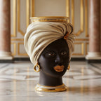Handmade Teste di Moro vase with turban, gold accents, and dark ceramic finish for modern home decor