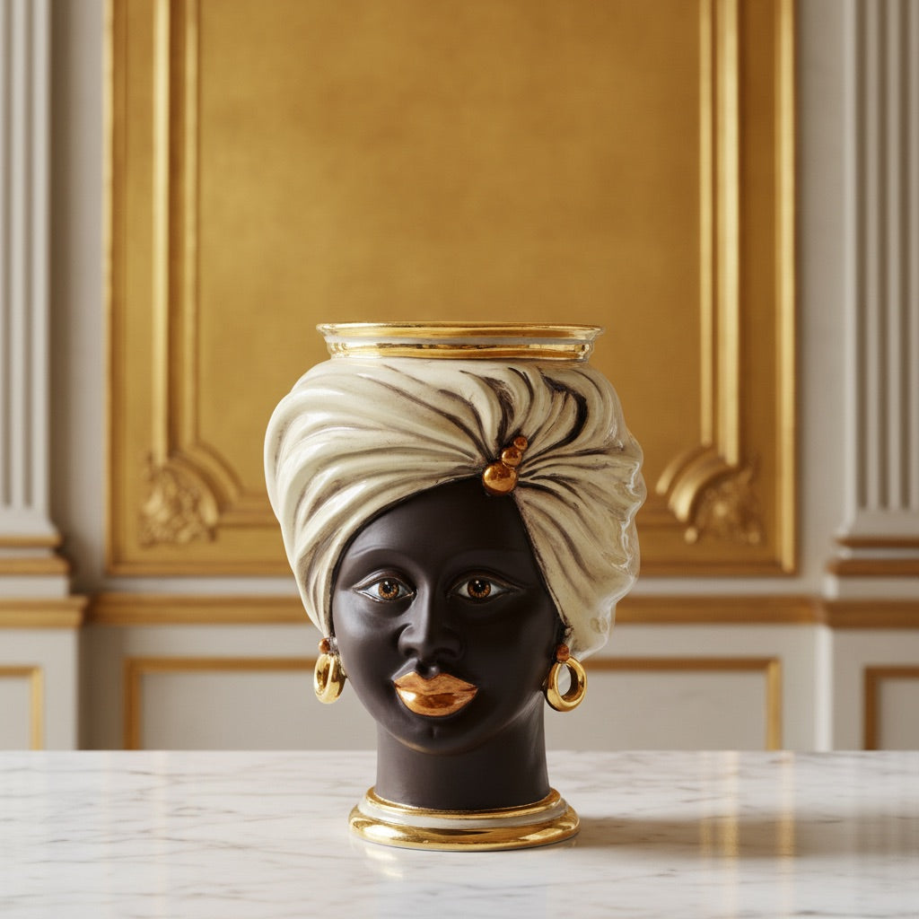 Handcrafted Teste di Moro vase with black face, white turban, gold accents, on marble table