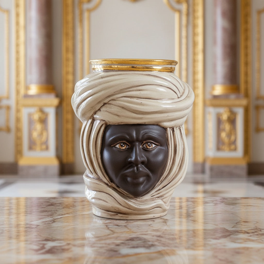 Handcrafted Teste di Moro vase with turban, blending tradition and modern design for elegant interiors.