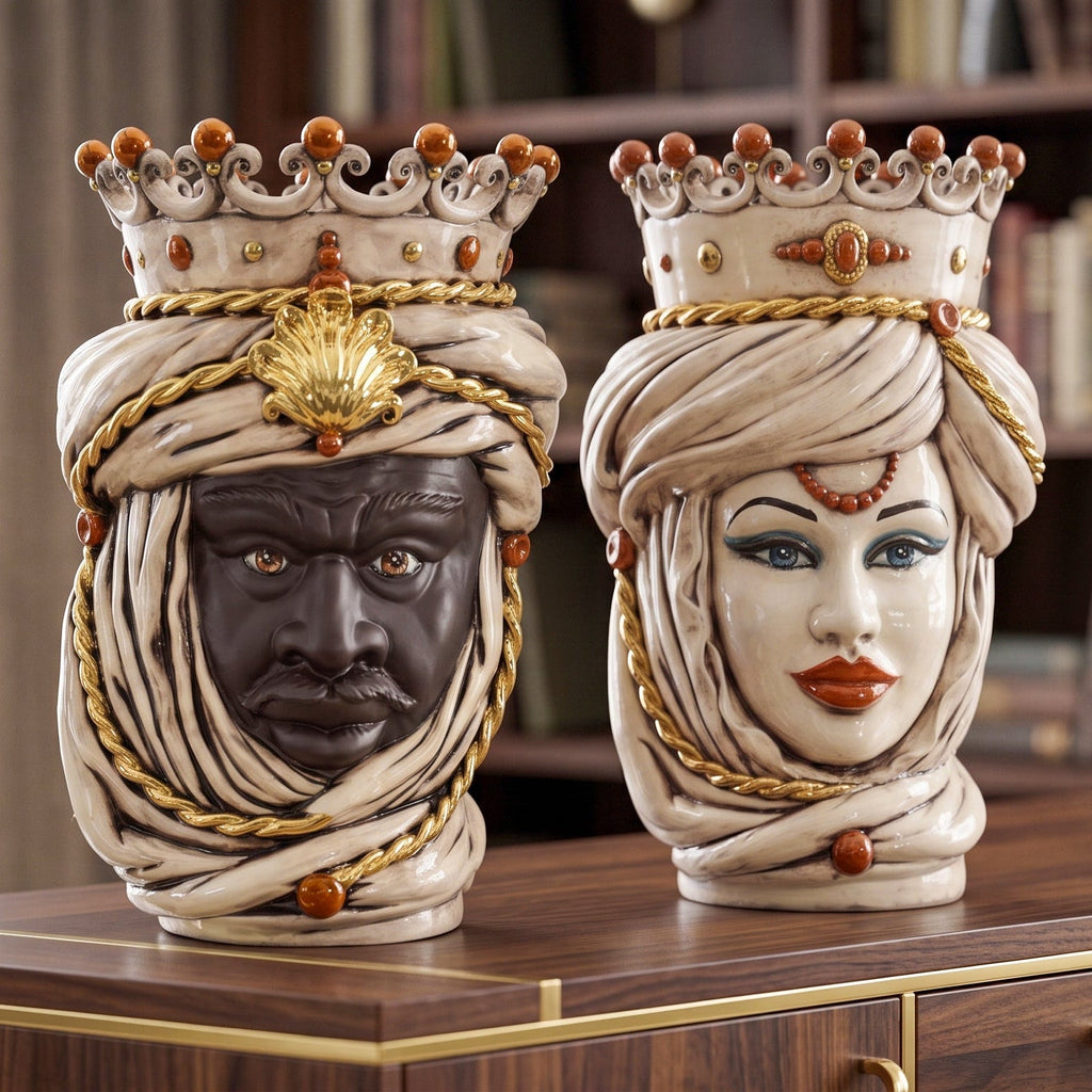 Handcrafted Teste di Moro ceramic statues with ornate crowns and turbans, blending tradition and modern design.