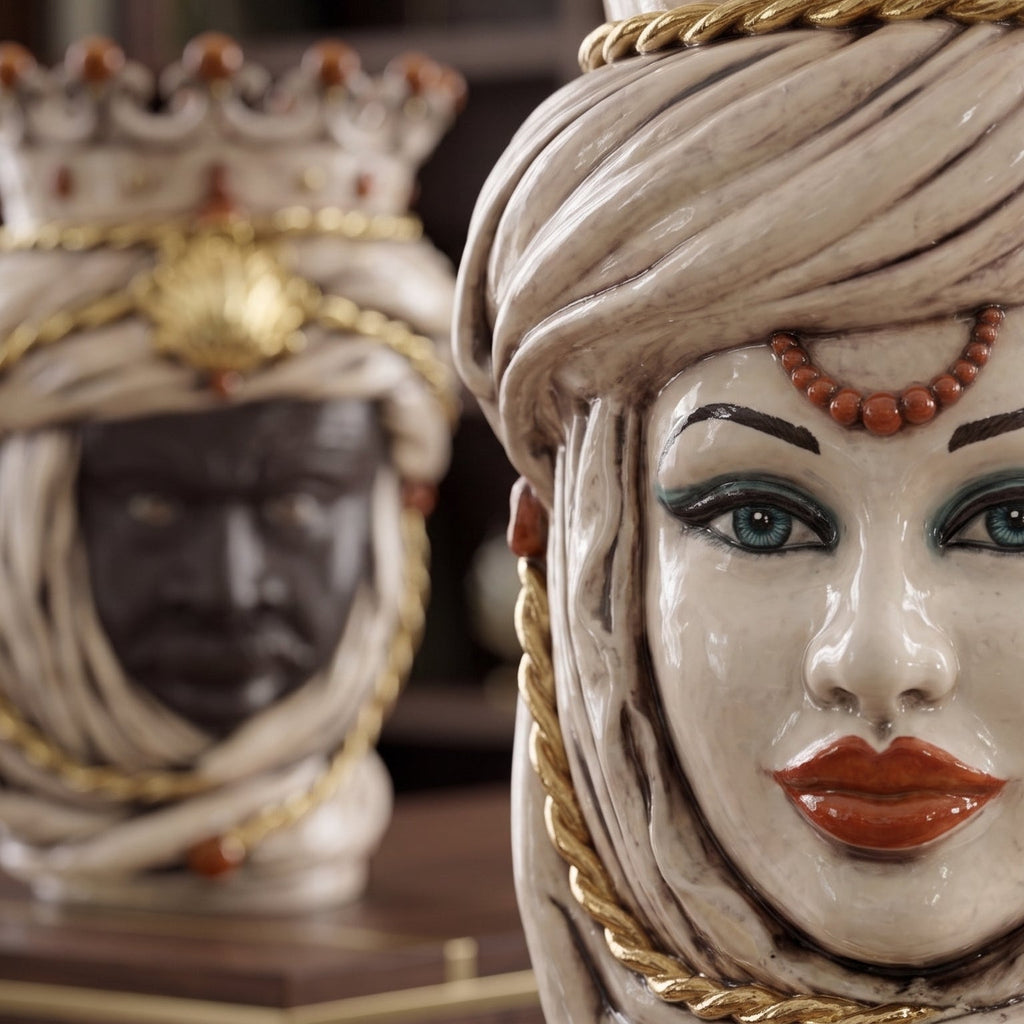 Handmade Teste di Moro ceramic vase with turban, gold trim, and beaded details, blending tradition and modern design.