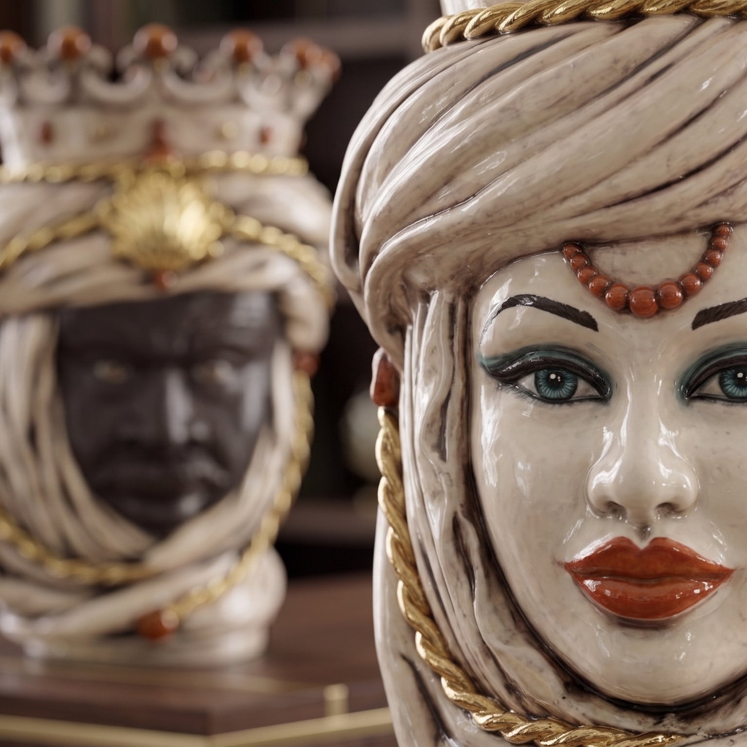 Handmade Teste di Moro ceramic vase with turban, gold trim, and beaded details, blending tradition and modern design.
