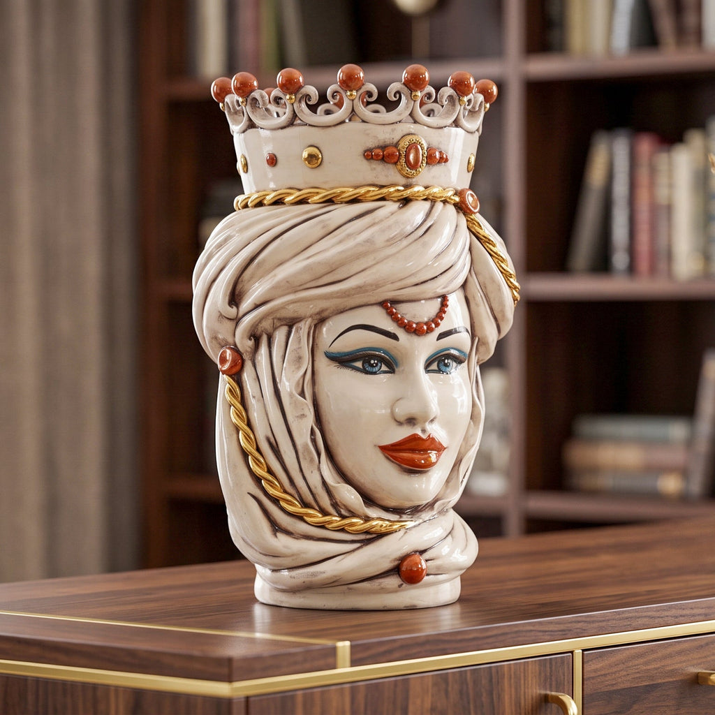 Handmade Teste di Moro ceramic vase with crown, turban, and gold accents, perfect for modern home decor