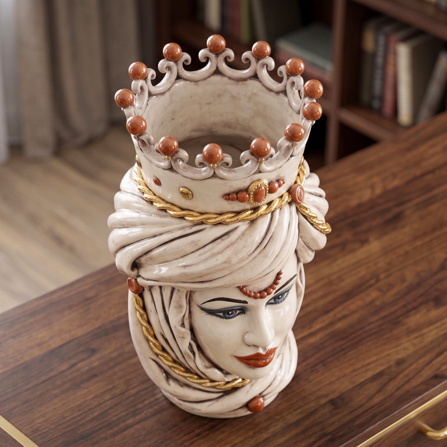 Handcrafted Teste di Moro vase with crown, turban, and gold accents, blending tradition and modern design.