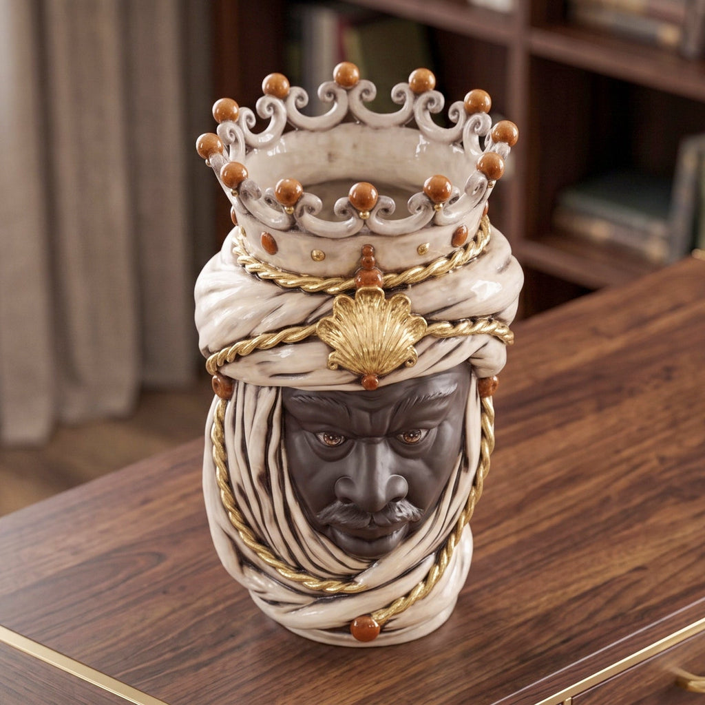 Handmade Teste di Moro ceramic vase with crown and turban, blending tradition and modern design for home decor.