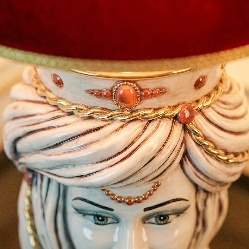 Tuareg Testa di Moro Lamp with Crown h 70 cm / 27½" (ceramic h 40 cm, fabric lampshade Ø 45 cm), Woman, Antique Mother of Pearl Gold and Lustre