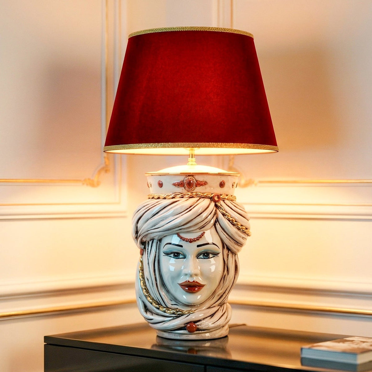Tuareg Testa di Moro Lamp with Crown h 70 cm / 27½" (ceramic h 40 cm, fabric lampshade Ø 45 cm), Woman, Antique Mother of Pearl Gold and Lustre