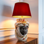 Lume a Testa Tuareg con Corona h 70 cm (ceramica h 40 cm, Paralume in Tessuto Ø 45 cm) - Maschio Moro, Madreperla Antichizzato Oro e Lustri