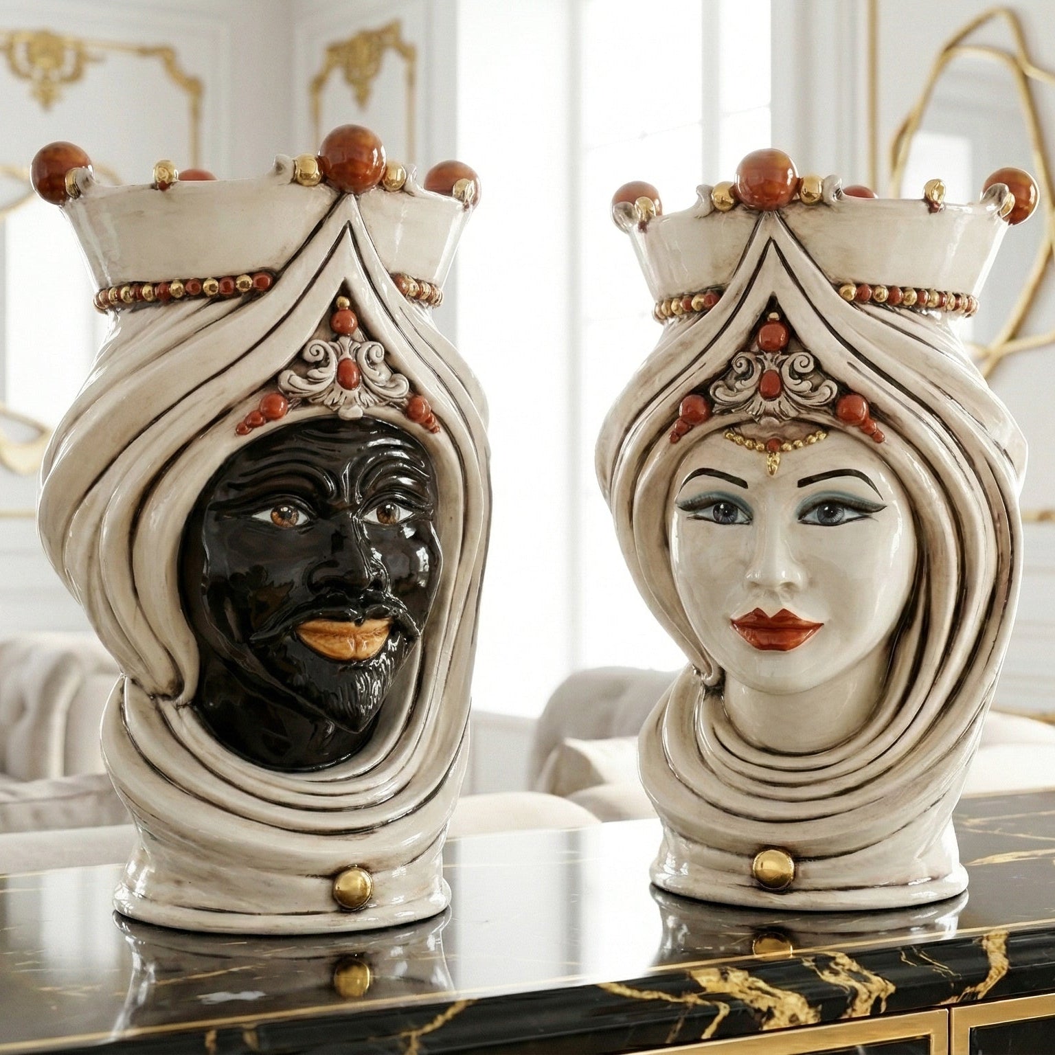 Handmade Teste di Moro ceramic vases, male and female faces with ornate turbans, luxury home decor