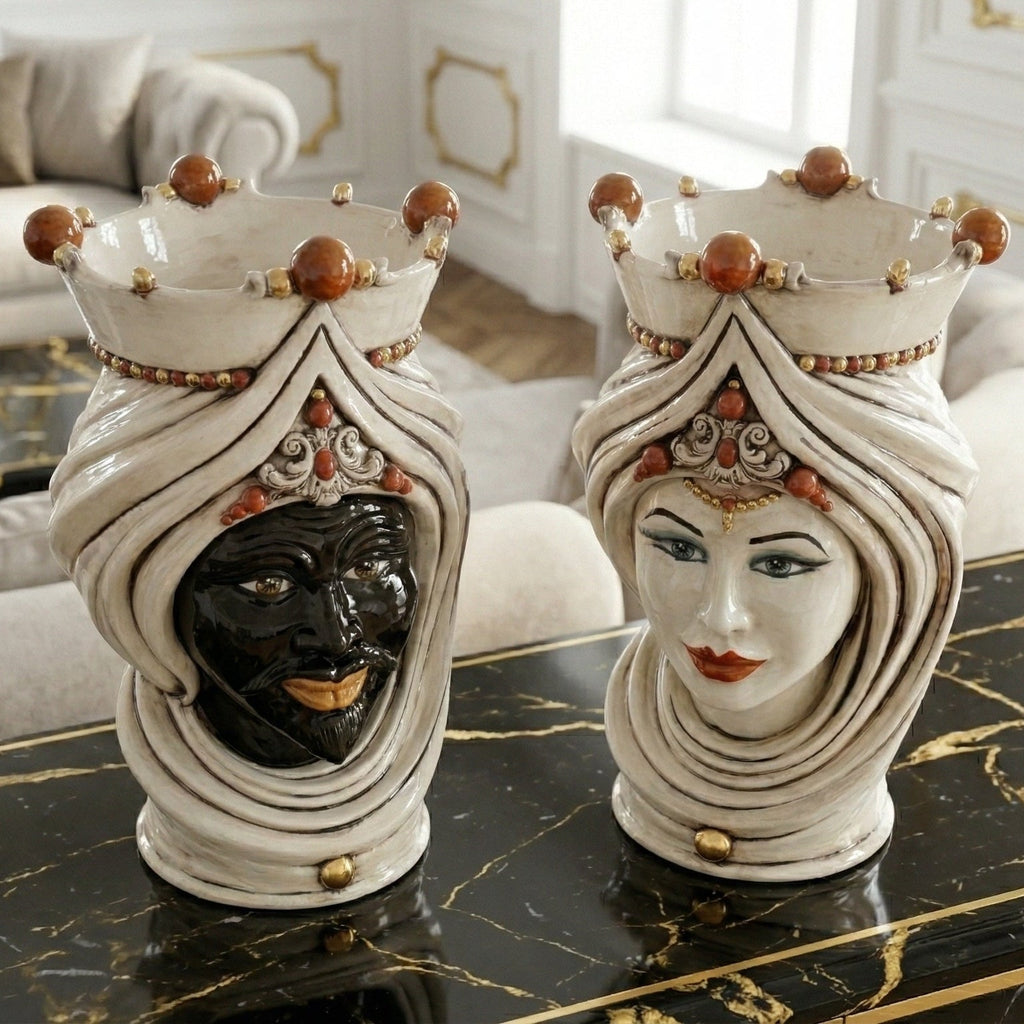 Handcrafted Teste di Moro ceramic vases with crowned Moorish faces, elegant home decor for luxury interiors