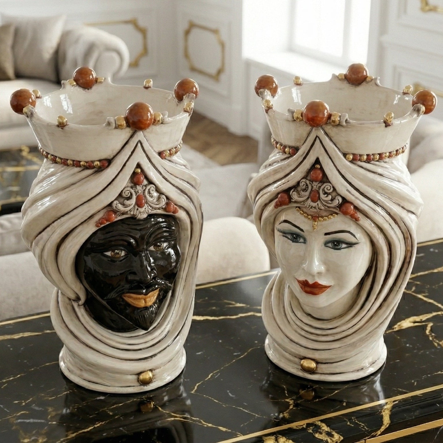 Handcrafted Teste di Moro ceramic vases with crowned Moorish faces, elegant home decor for luxury interiors