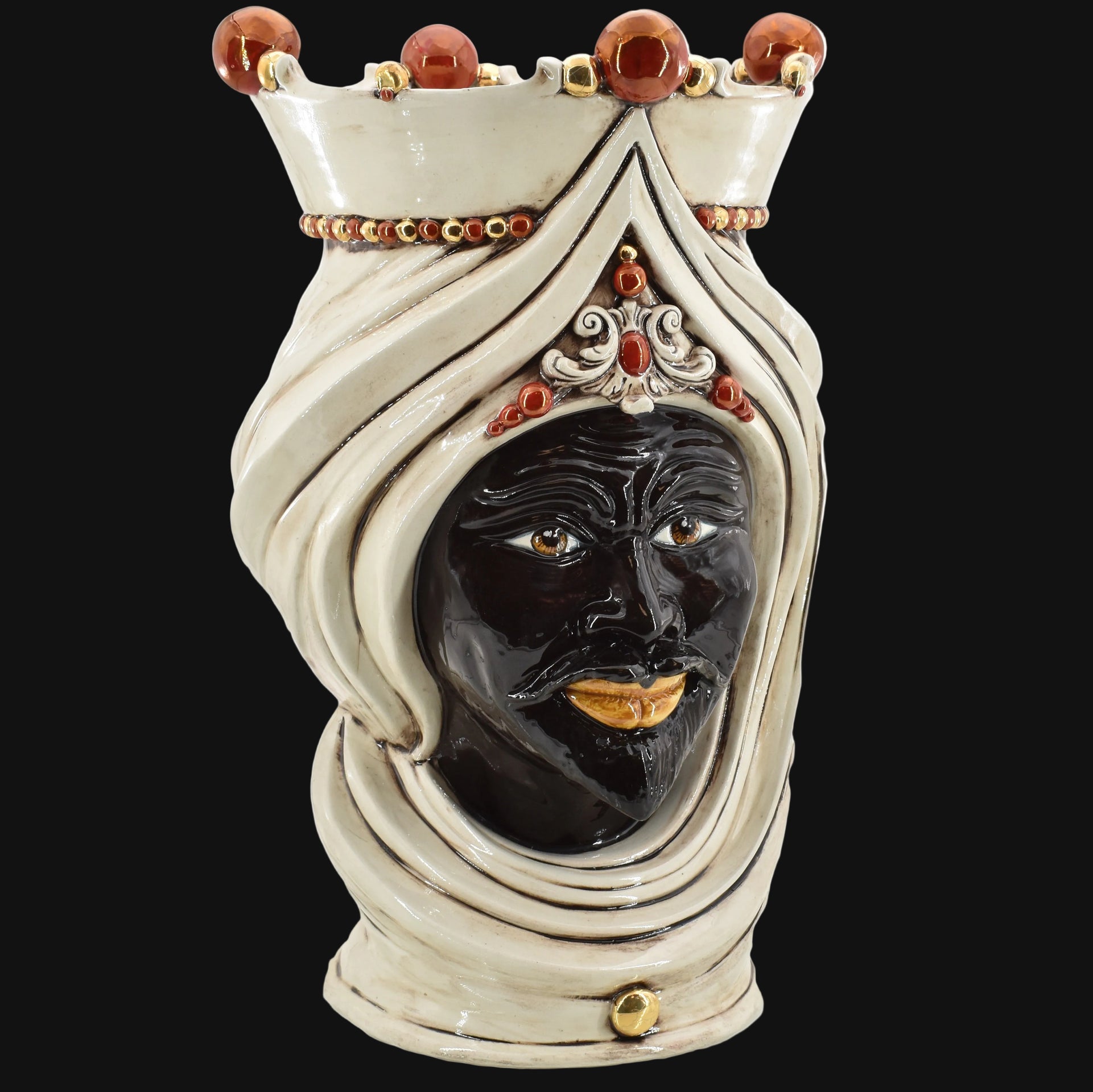 Testa di Moro con Turbante, Maschio Moro, Madreperla Antichizzato Oro e Lustri, oro zecchino. Ceramiche Sofia, Caltagirone