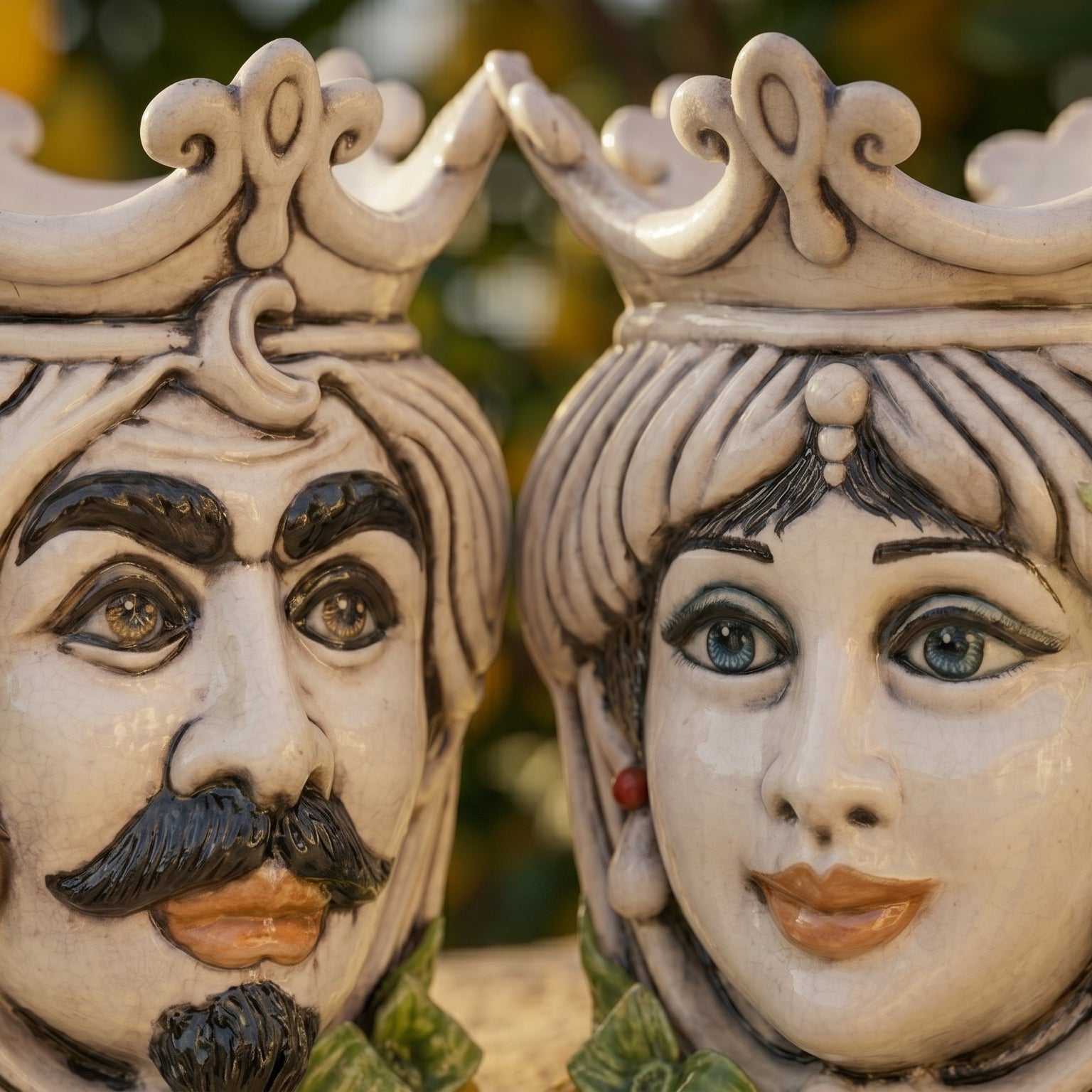Handcrafted Teste di Moro ceramic faces with ornate crowns, traditional Sicilian art for home decor