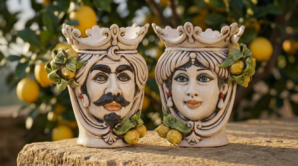 Handmade Teste di Moro ceramic vases with crowned male and female faces, adorned with lemons, set outdoors.