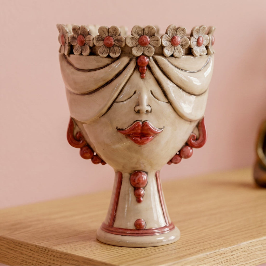 Zahira Head with Flowers h 30 cm - Female, Antique Mother of Pearl | Caltagirone Ceramics