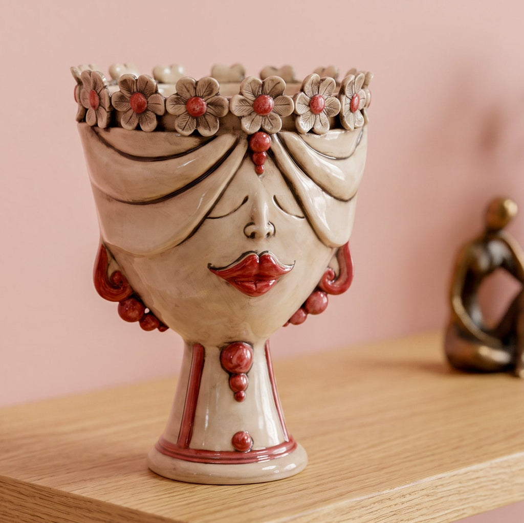Zahira Head with Flowers h 30 cm - Female, Antique Mother of Pearl | Caltagirone Ceramics