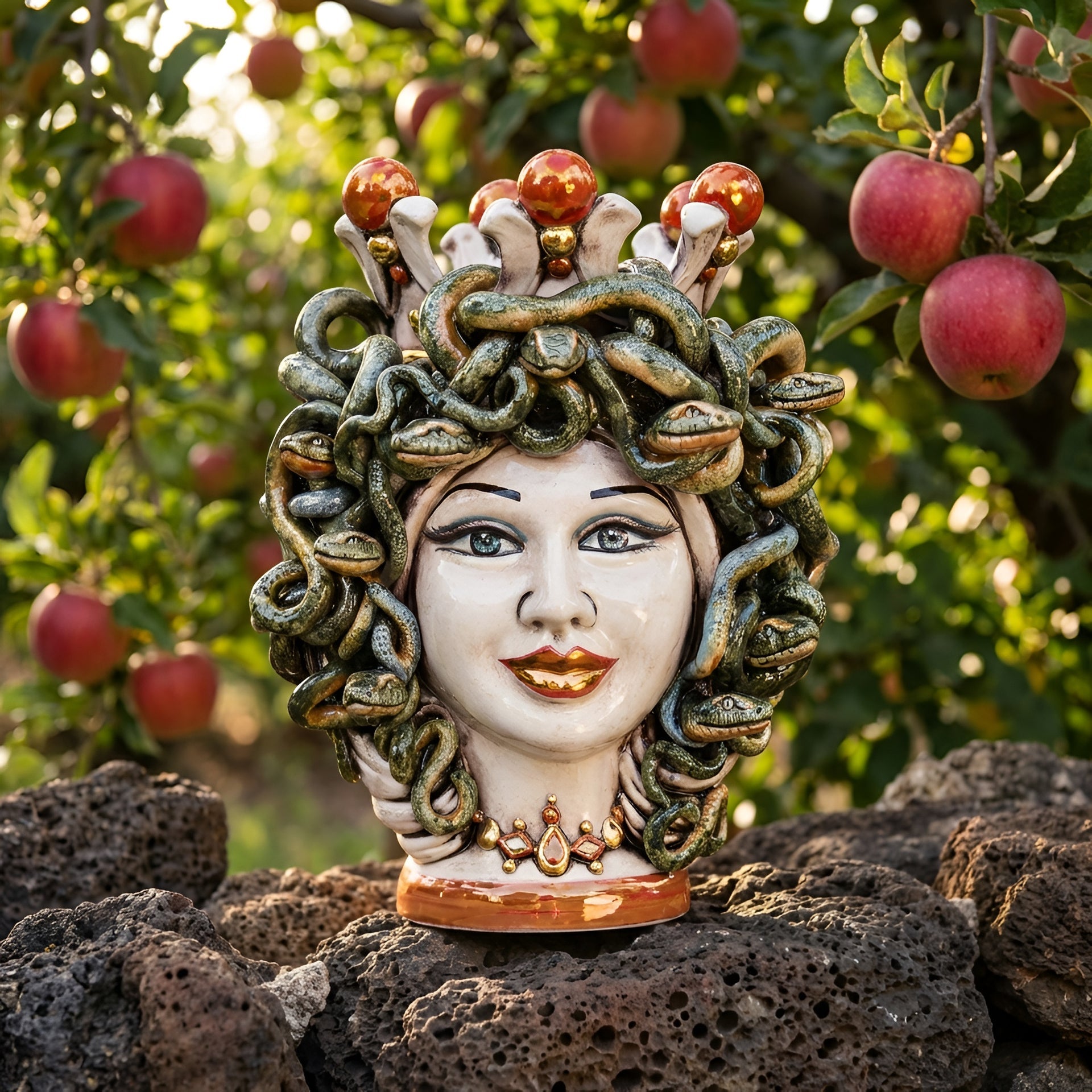 Testa Medusa, Madreperla Antichizzato, chioma di serpenti. Ceramiche Sofia, Caltagirone