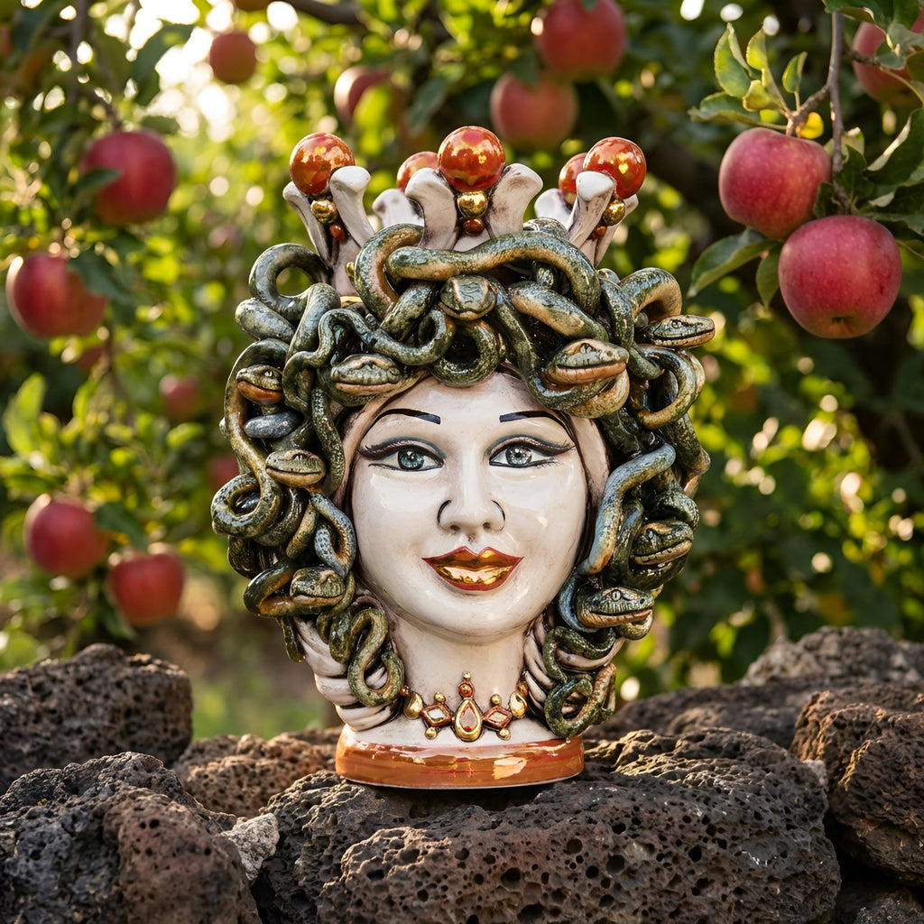 Handmade Medusa Testa di Moro ceramic sculpture with snake hair, set outdoors among apples and volcanic rocks.