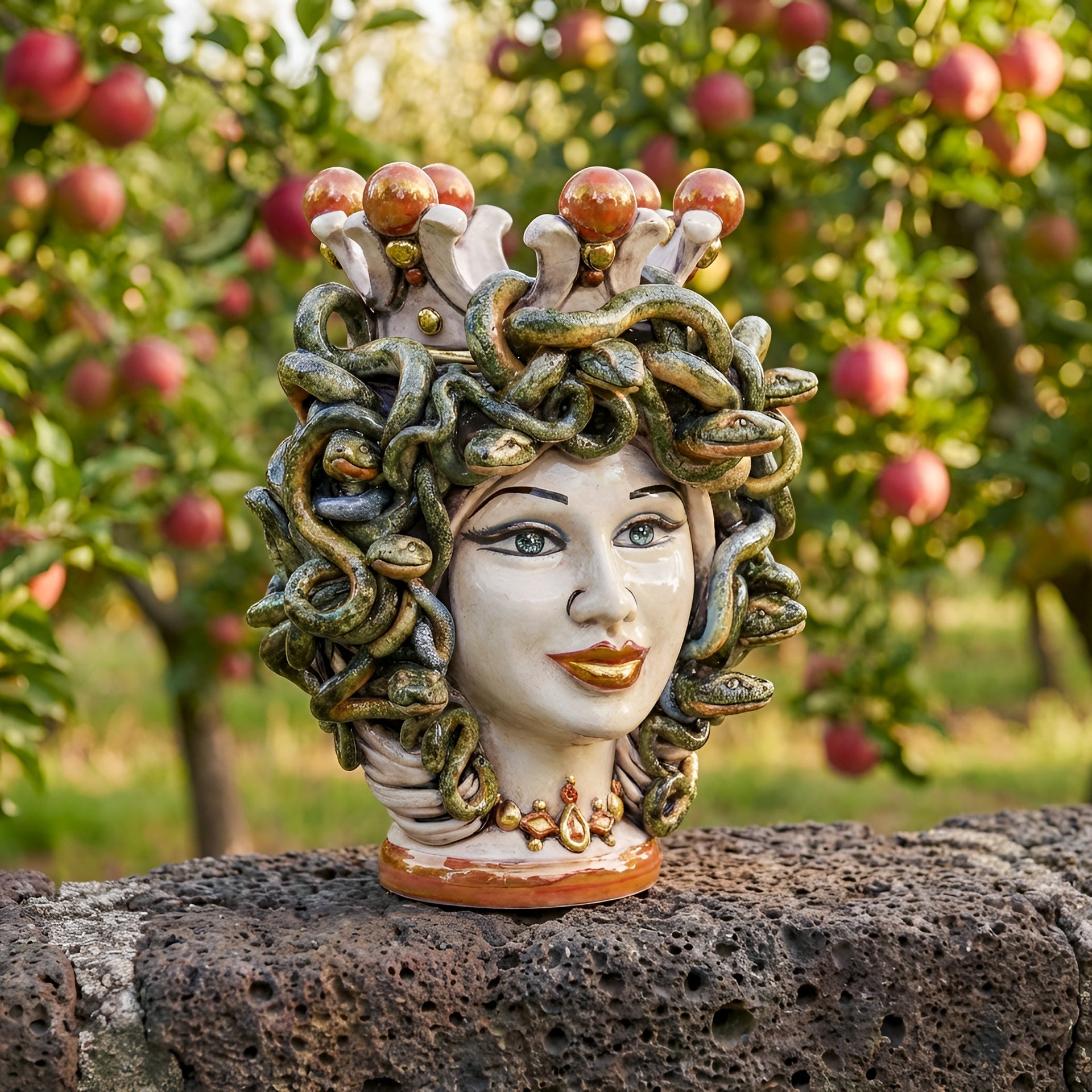 Testa Medusa, Madreperla Antichizzato, chioma di serpenti. Ceramiche Sofia, Caltagirone