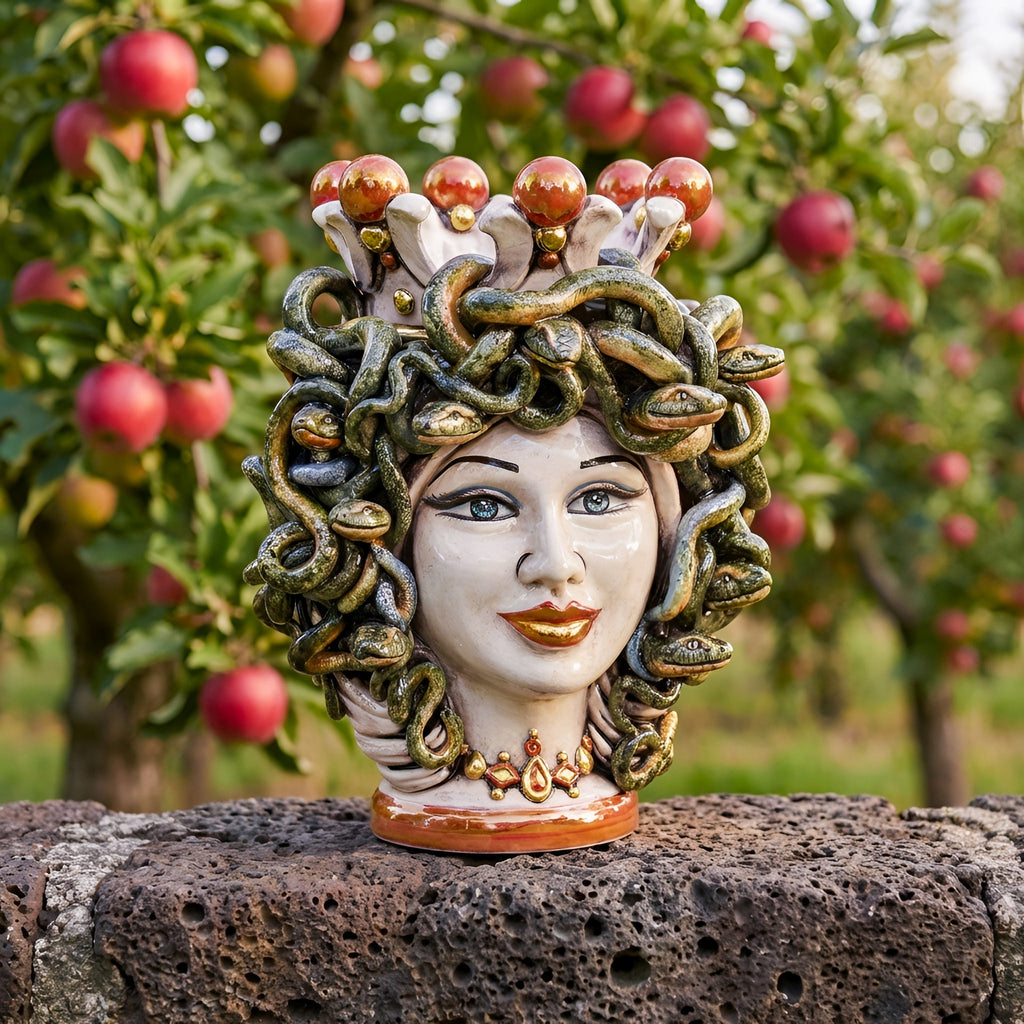 Handcrafted Medusa Testa di Moro sculpture with snake hair, crown, and gold accents, set outdoors