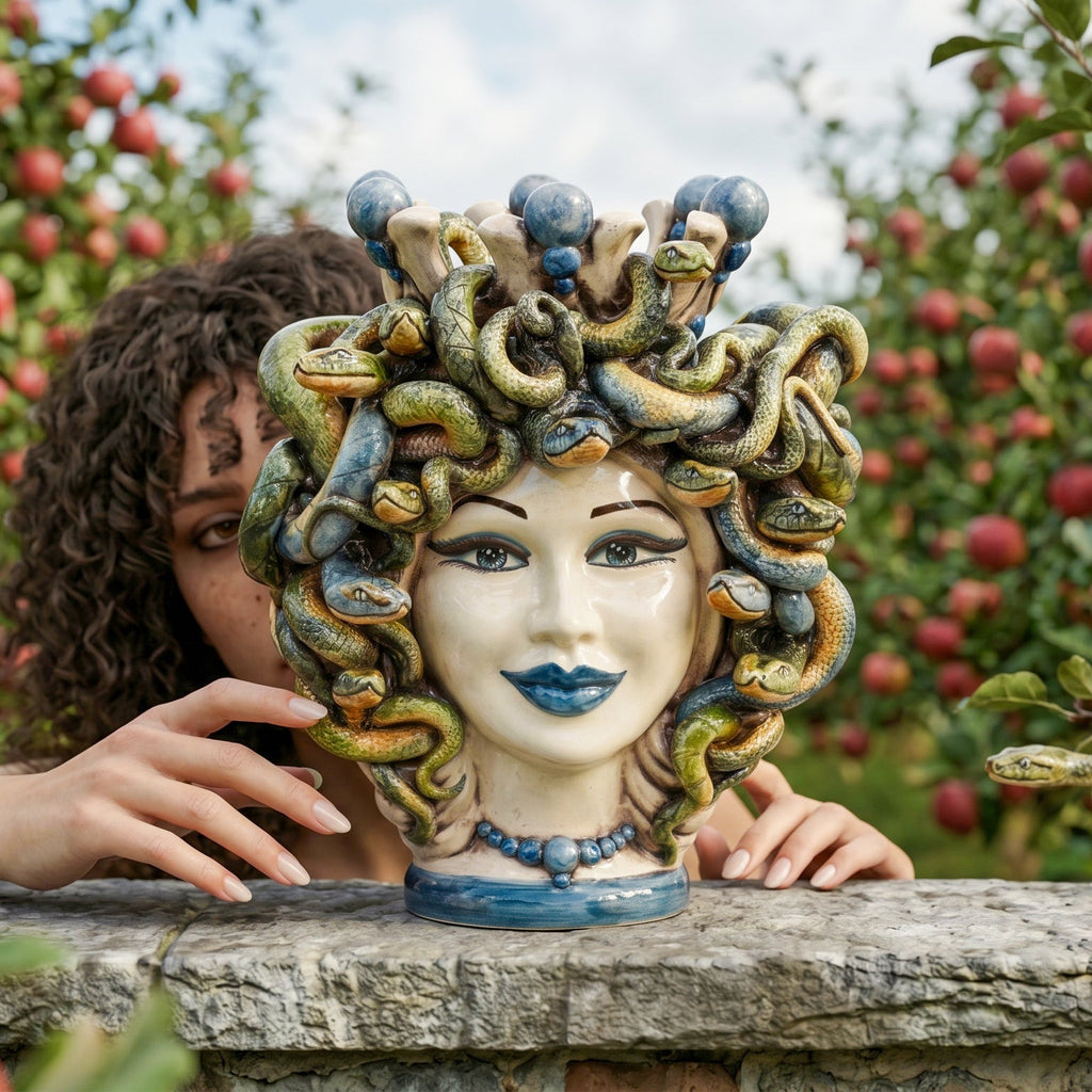 Handcrafted Medusa head sculpture with snake hair, blue accents, displayed outdoors in garden setting