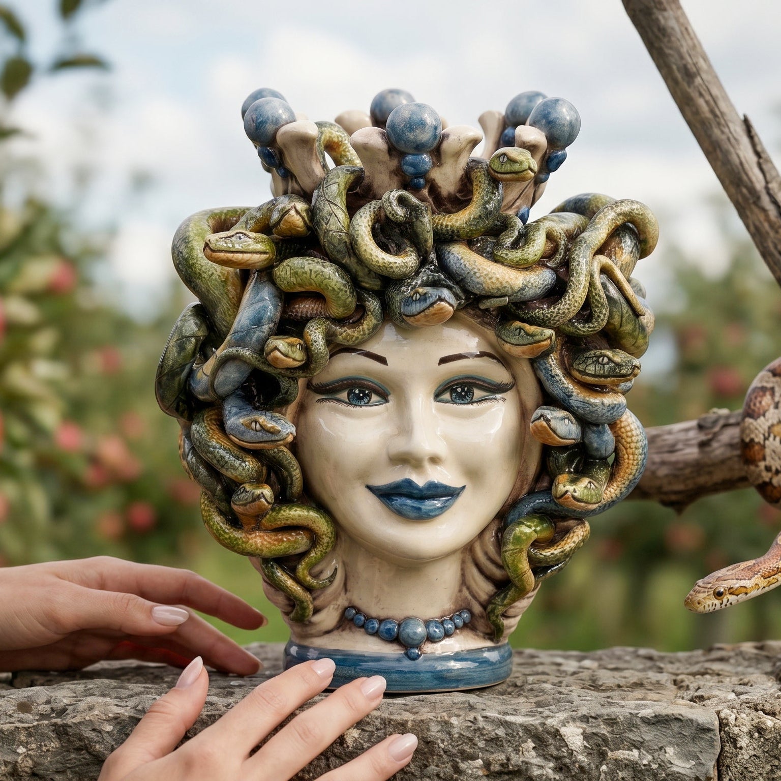 Testa Medusa h 25 cm — con Perline Blu | Ceramica Caltagirone