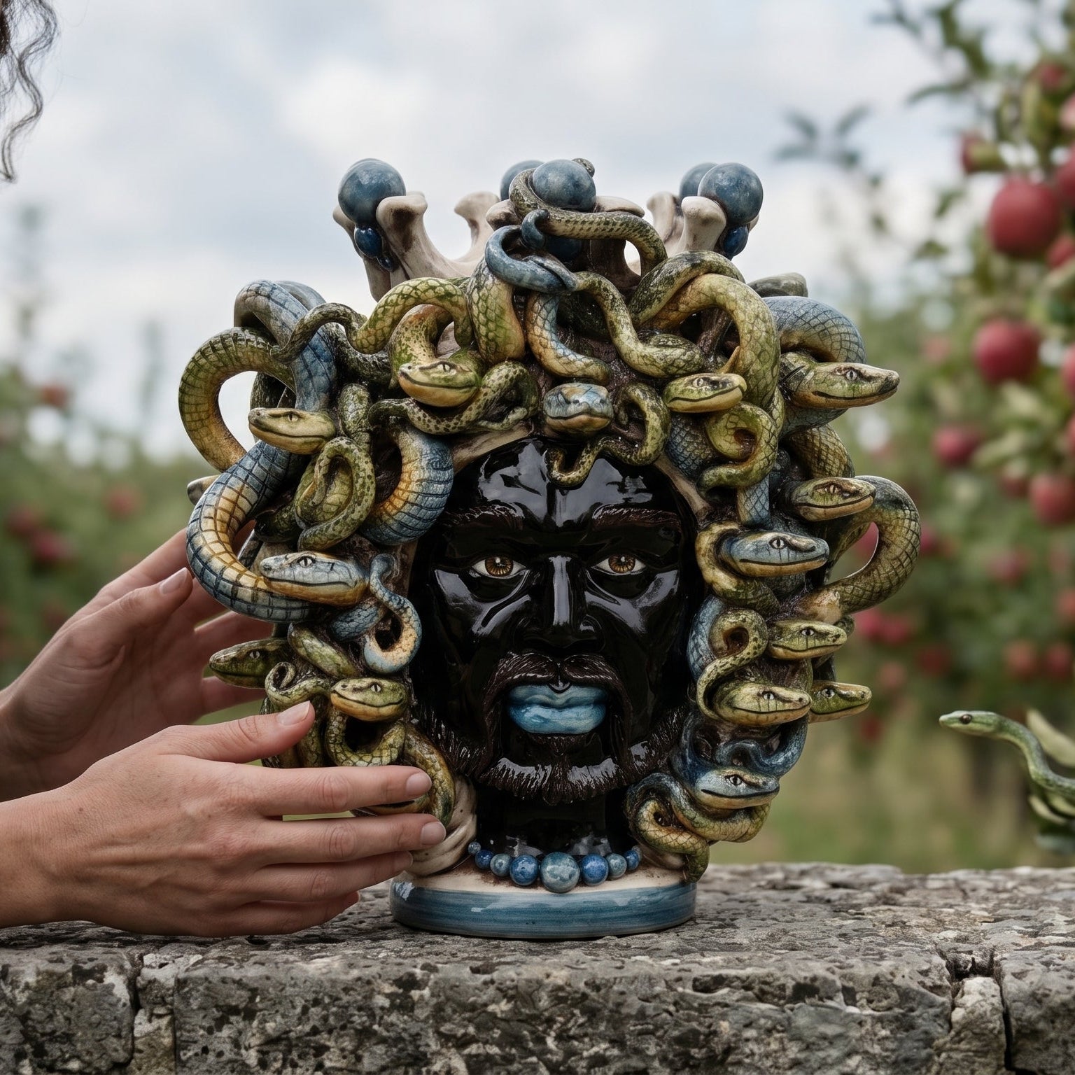 Medusa Head h 25 cm — with Blue Beads | Caltagirone Ceramic