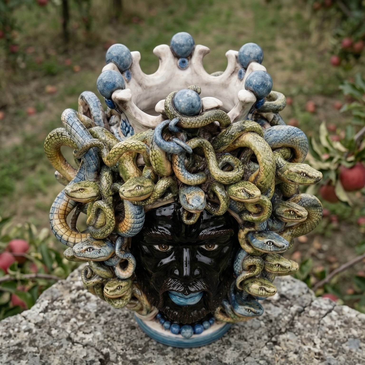 Testa Medusa h 25 cm — con Perline Blu | Ceramica Caltagirone