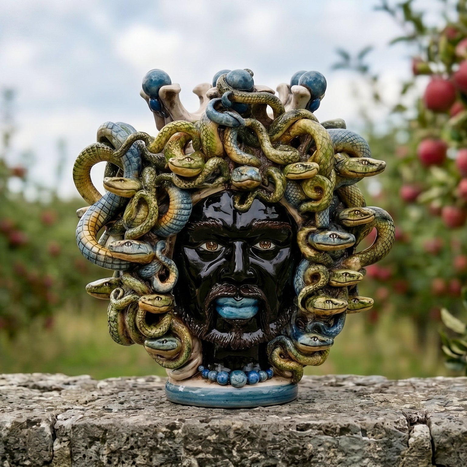 Testa Medusa h 25 cm — con Perline Blu | Ceramica Caltagirone