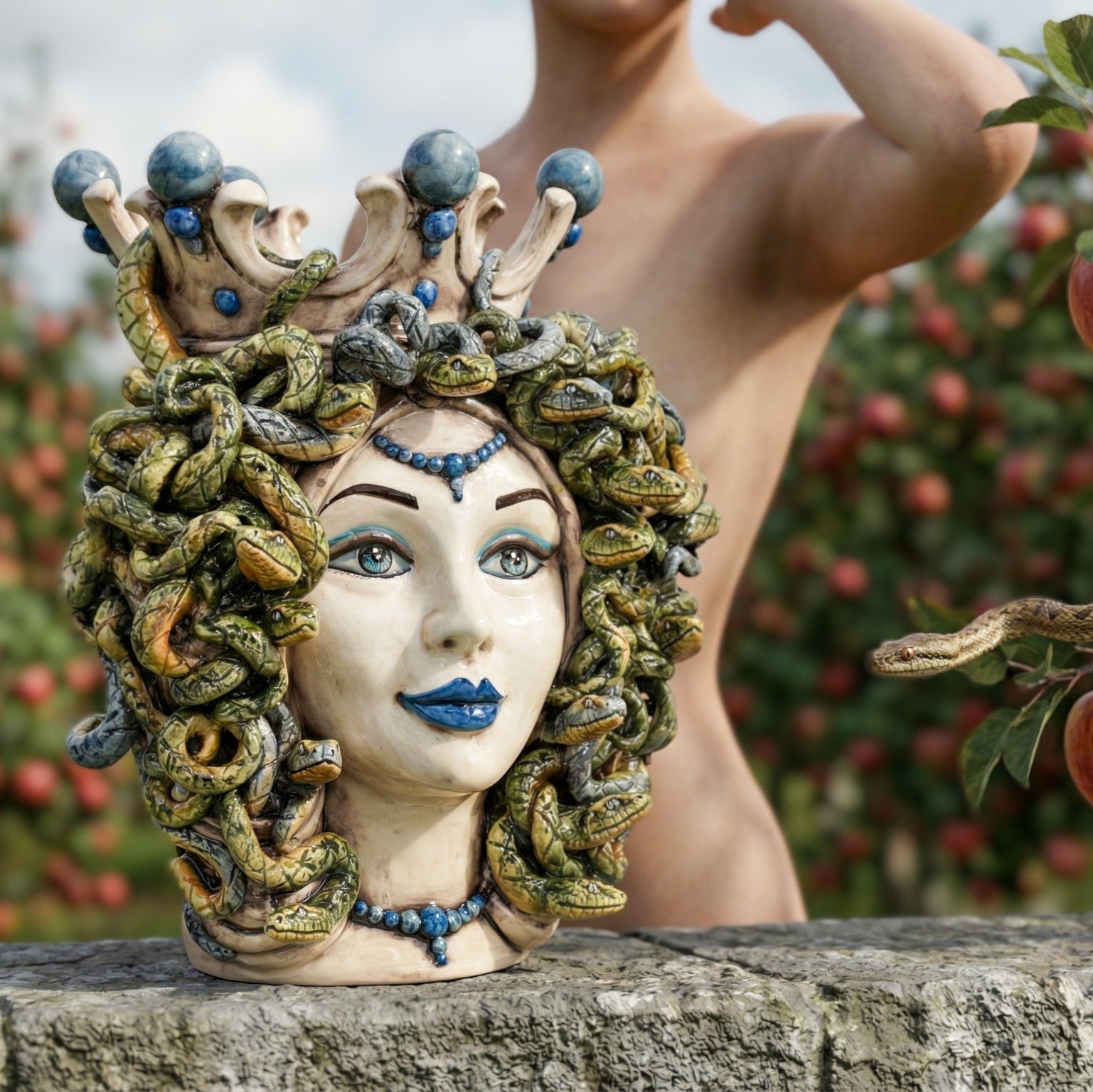 Testa Medusa h 38 cm - Madreperla Antichizzato, Perline Blu | Ceramica Caltagirone