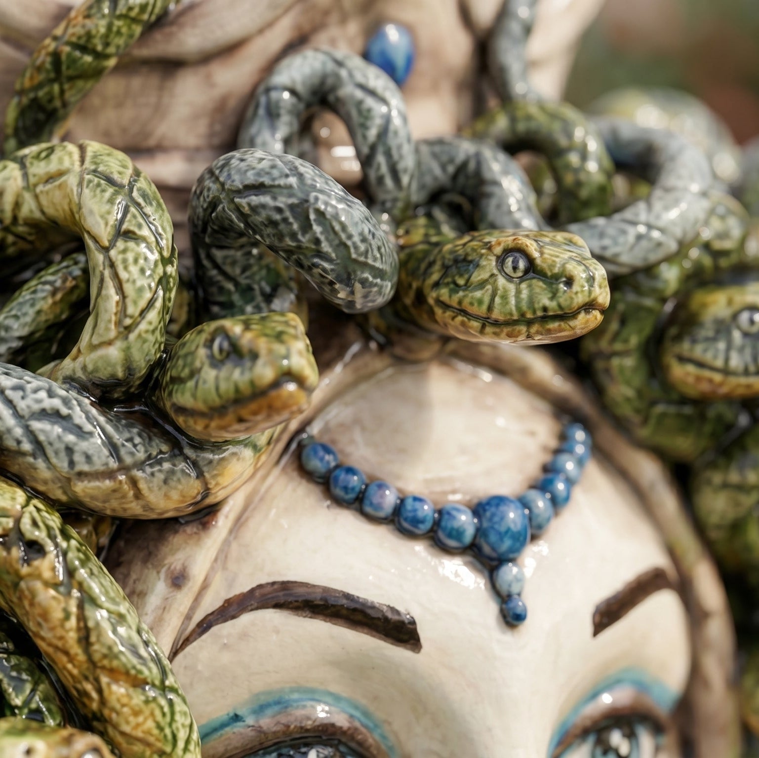 Medusa Head h 38 cm — Antique Mother-of-Pearl, Blue Beads | Caltagirone Ceramics