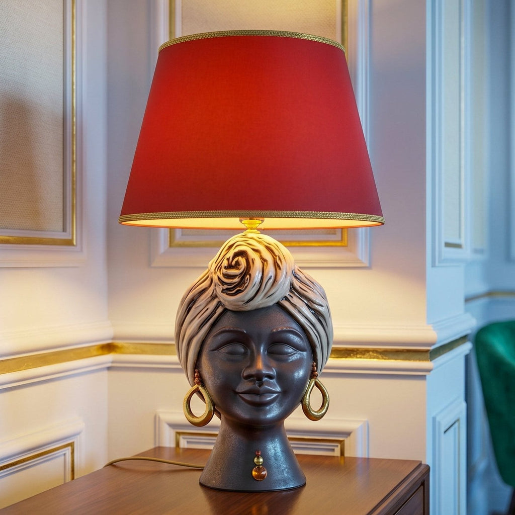Lume a Testa Sognia h 63 cm (ceramica h 40 cm, Paralume in Tessuto Ø 40 cm) - Madreperla Antichizzato Oro e Lustri, Viso Opaco