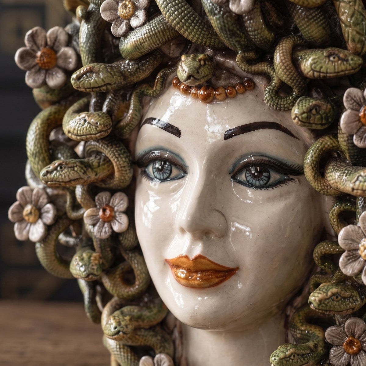 Testa di Moro Medusa with Flowers h 38 cm / 15", Antique Mother of Pearl Gold and Lustre | Caltagirone Ceramics