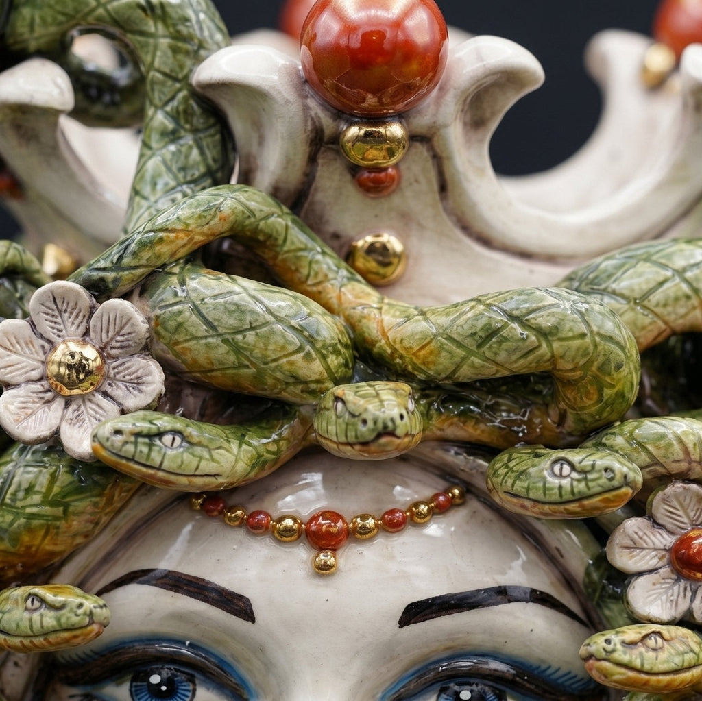 Testa Medusa con fiori h 38 cm - Madreperla Antichizzato Oro e Lustri | Ceramica Caltagirone